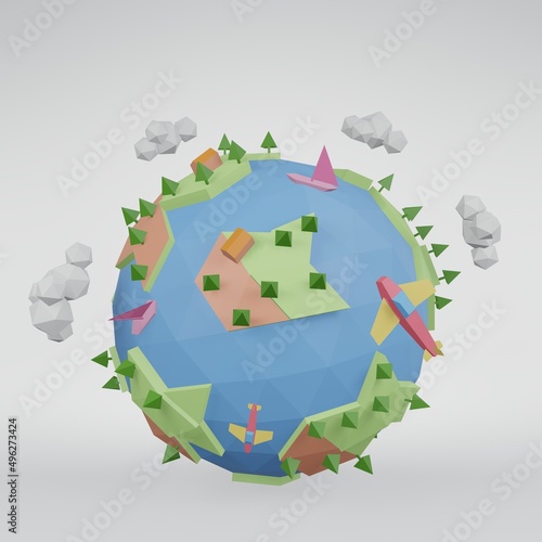 3D rendering Polygonal globe. Low poly Illustration of a earth. Environment and earth day concept.