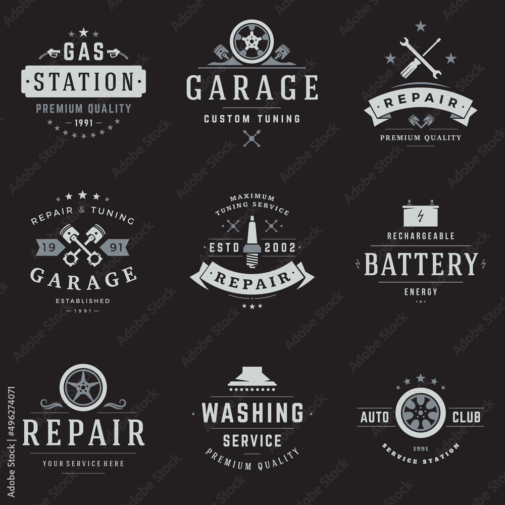 Car service logos templates set. Vector object and icons for garage labels, car badges, repairs logos design, emblems graphics. Whel silhouettes, piston symbols.