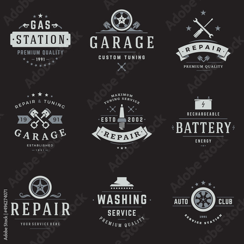 Car service logos templates set. Vector object and icons for garage labels, car badges, repairs logos design, emblems graphics. Whel silhouettes, piston symbols.