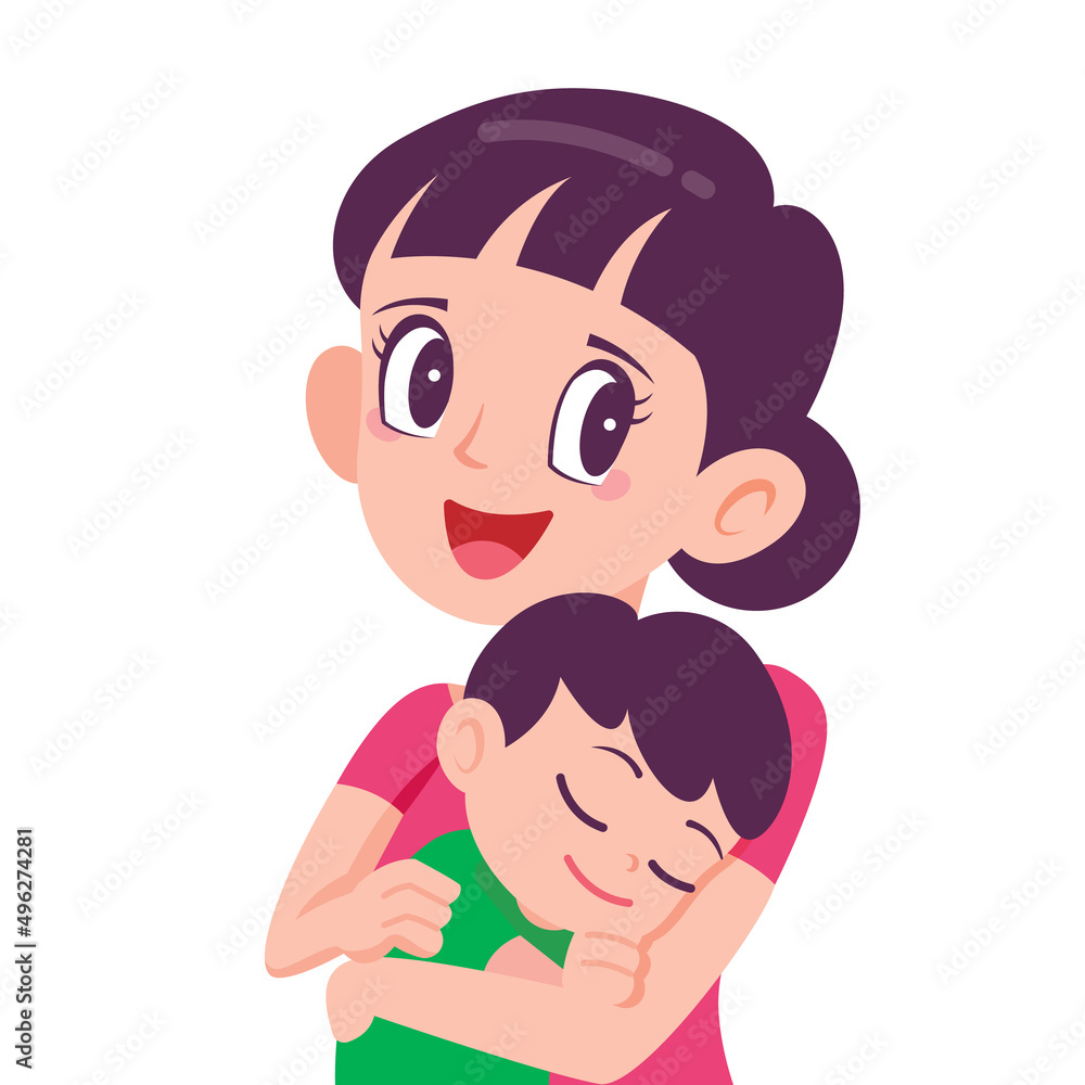 Flat design cartoon cute mother with smile holding baby in arm illustration Flat design cartoon cute mother with smile holding baby in arm illustration