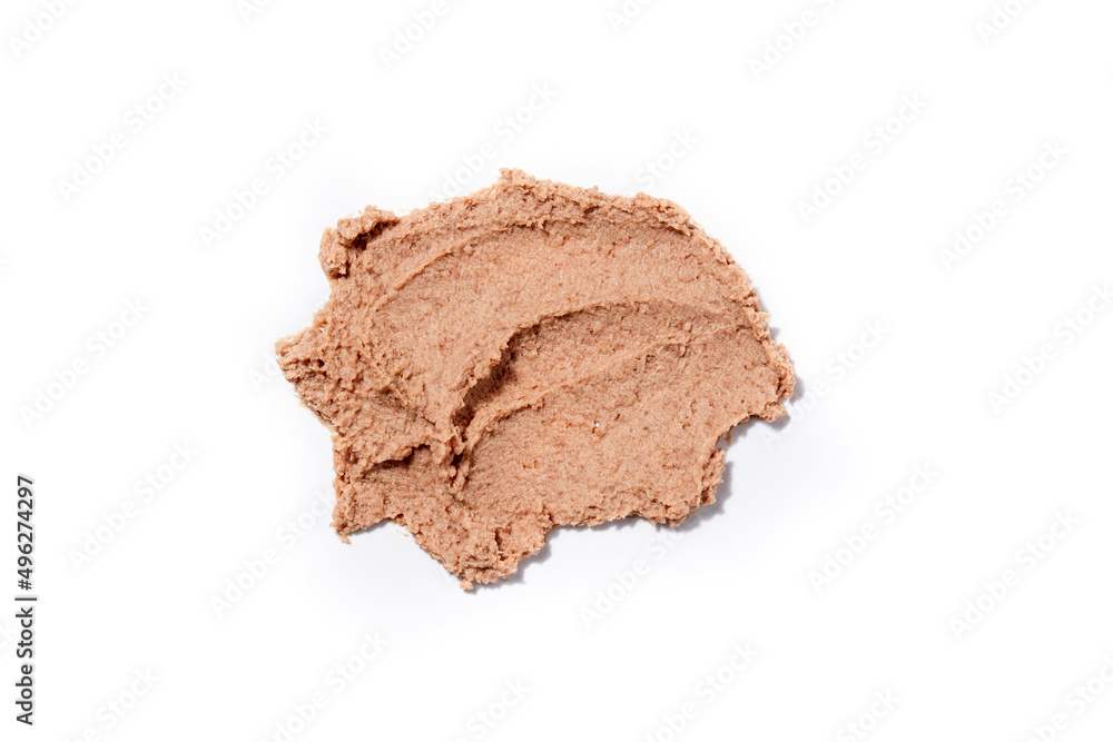 Expanded pork pate on white background. Top view