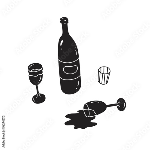 A bottle of wine, glasses, overturned glass of wine. Drinks on the festive table. Black and white composition with alcohol. Cartoon style in vector illustration. Isolated.