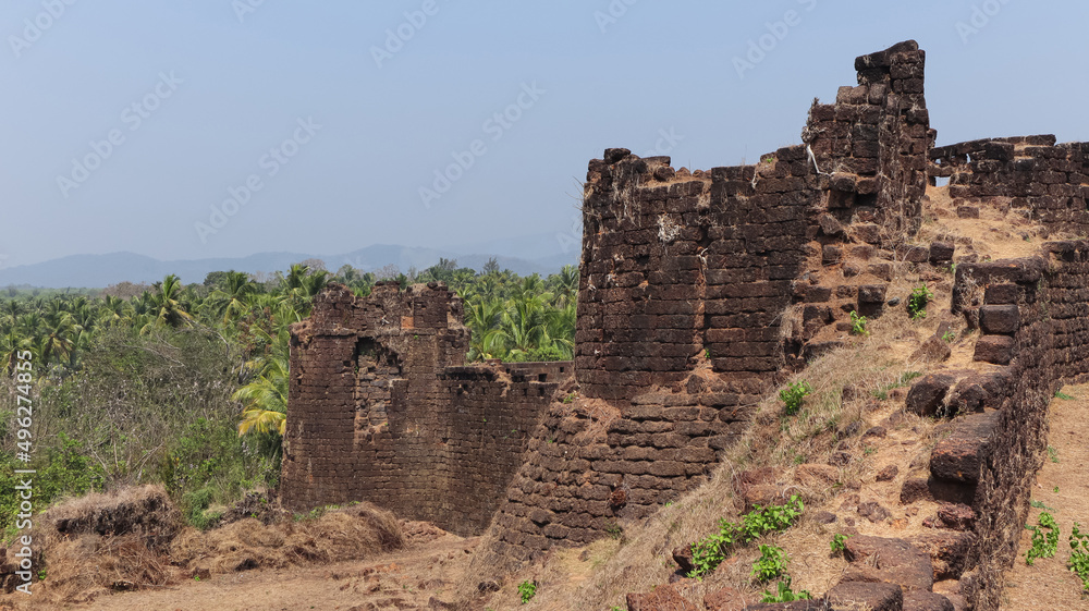 Fallen ruined Backside Protection Wall of Fort, Mirjan Fort, Uttara Kannada, Karnataka, India