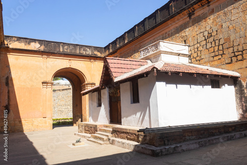 Vintage architecture of an old building with a gable roof at Bangalore Fort, Build by Kempe Gowda in 16th Century, Karnataka, India