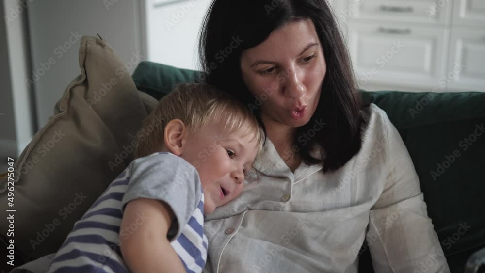 Funny Mom And Child Communicate Together Via Video Link With Dad And Relatives Funny Mom And Child Communicate Together Via Video Link With Dad And Relatives
