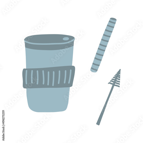 Tumbler cup with straw and brush in cartoon flat style. Vector illustration of zero waste reusable cups and thermo mug for coffee, tea and other drinks