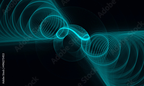 Glowing turquoise 3d swirl of spiral in deep dark space as representation of sound vibration, noise wave or radiance. Cyber graphic design concept. Great as cover print for electronics, artwork. photo