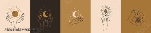 Obraz na plátne Woman hand logo with star, moon, sun and crystal in simple line flat boho style