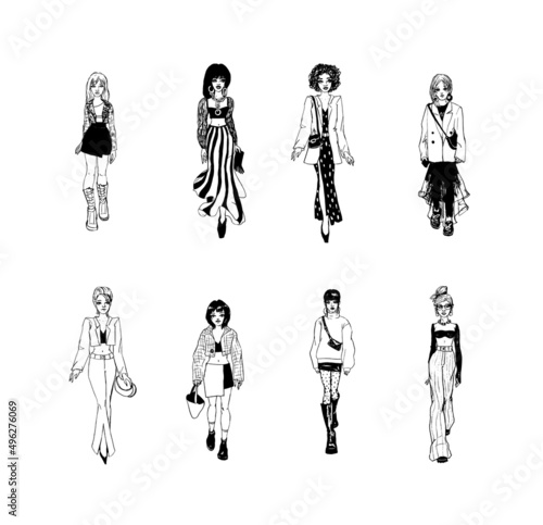 Collection of stylish young women dressed in trendy clothes. Vector fashion black and white illustration.