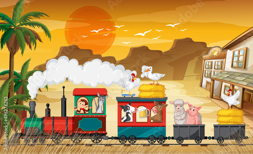 Many animals riding train in countryside