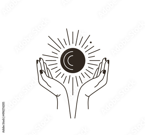 Woman hand logo with star, moon, sun in simple line flat boho style isolated on white background. Abstract minimal female symbol for beauty design. Magic astrology modern illustration