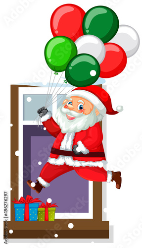 Santa Claus holding balloon in font of the window