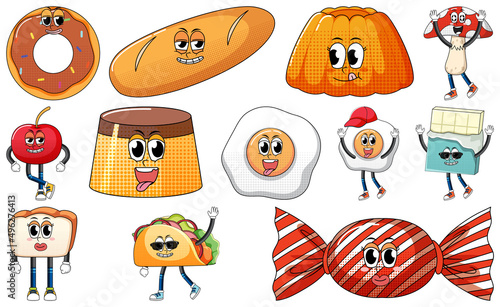 Set of facial expression with vintage style food cartoon on white background