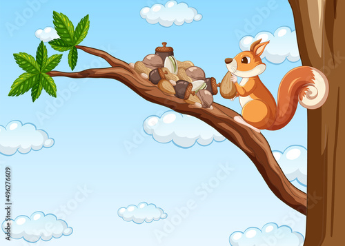 Squirrel eating nuts on the tree
