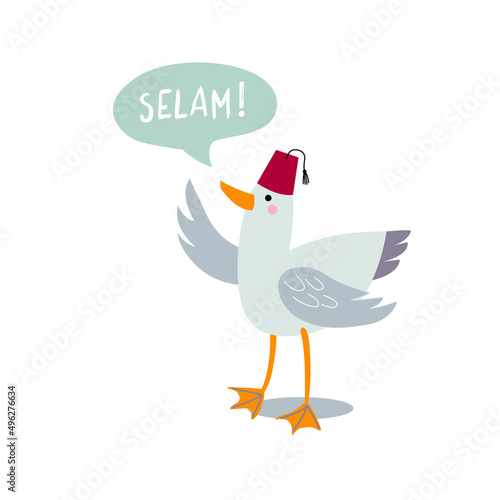 Cute seagull with a fez hat. Bubble inscription - "hello" - in Turkish.