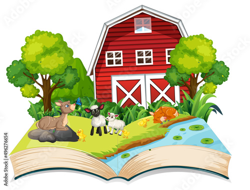 Open book farm theme on white background