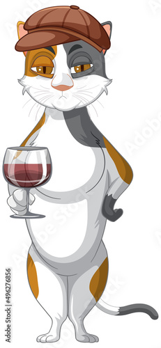 A cat standing and drinking wine on white background
