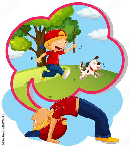 Boy thinking of playing with dog in garden