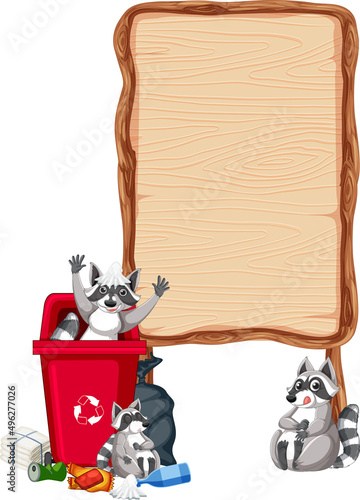 Raccoon with wooden sign banner