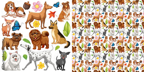 Seamless background with many cute dogs