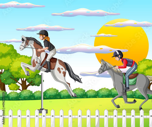 A man and women riding on a horse at natural scene