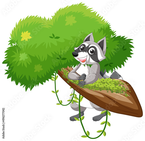 Cute raccoon hanging on tree branch