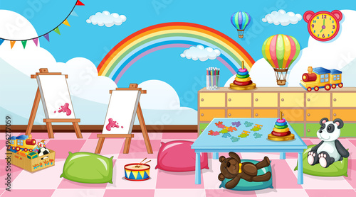 Empty kindergarten classroom interior with many kid toys