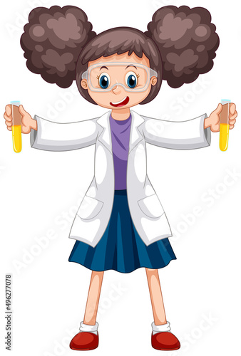 A chemist holding beaker and test tube on white background