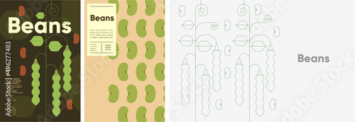 Beans. Food and natural products. Set of vector illustrations. Geometric, simple, linear style. Label, cover, price tag, background.