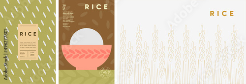 Rice. Food and natural products. Set of vector illustrations. Geometric, simple, linear style. Label, cover, price tag, background.