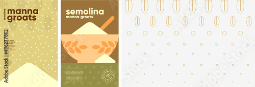 Semolina. Food and natural products. Set of vector illustrations. Geometric, simple, linear style. Label, cover, price tag, background.