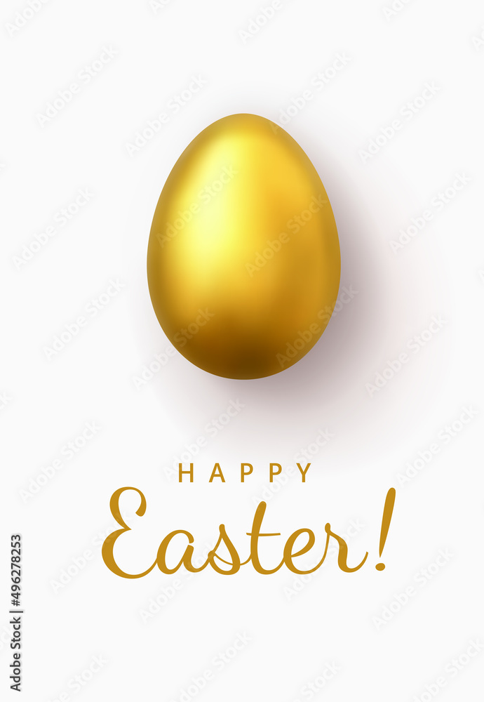 Realistic Golden Egg isolated on white background. Greeting Card with Glossy Gold Easter Egg closeup and Greeting Text - Happy Easter!