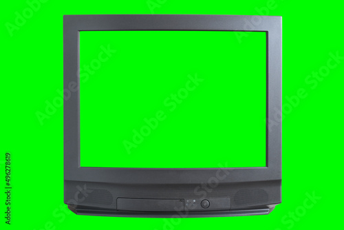 The old TV on the isolated. Old green screen TV for adding new images to the screen.