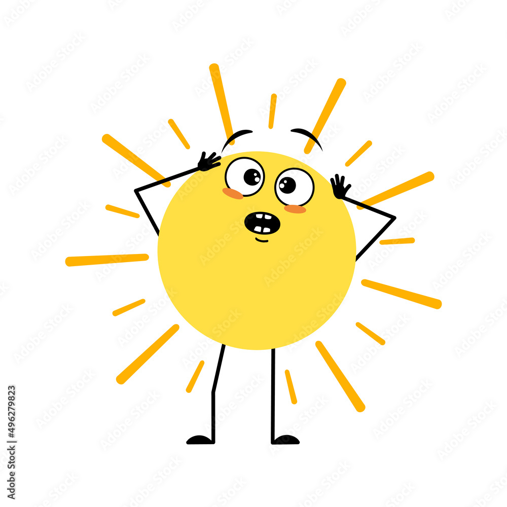 Cute sun character with emotions in panic grabs his head, surprised face, shocked eyes, arms and legs. Person with scared expression and pose. Vector flat illustration