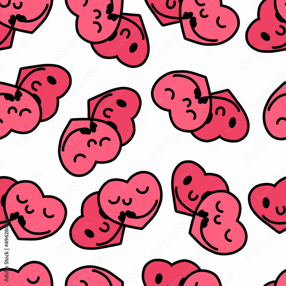 Heart character seamless pattern. Hugging. Heart cartoon for Valentine's day. Stock vector flat sticker illustration on a white background. Heart character seamless pattern. Hugging. Heart cartoon for Valentine's day. Stock vector flat sticker illustration on a white background.