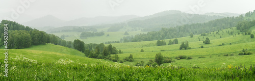 Obraz na plátně Panoramic view of green meadows and hills on a summer day, cloudiness