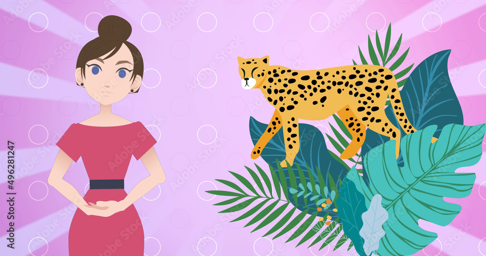 Fototapeta premium Image of woman talking over plant and cheetah icons