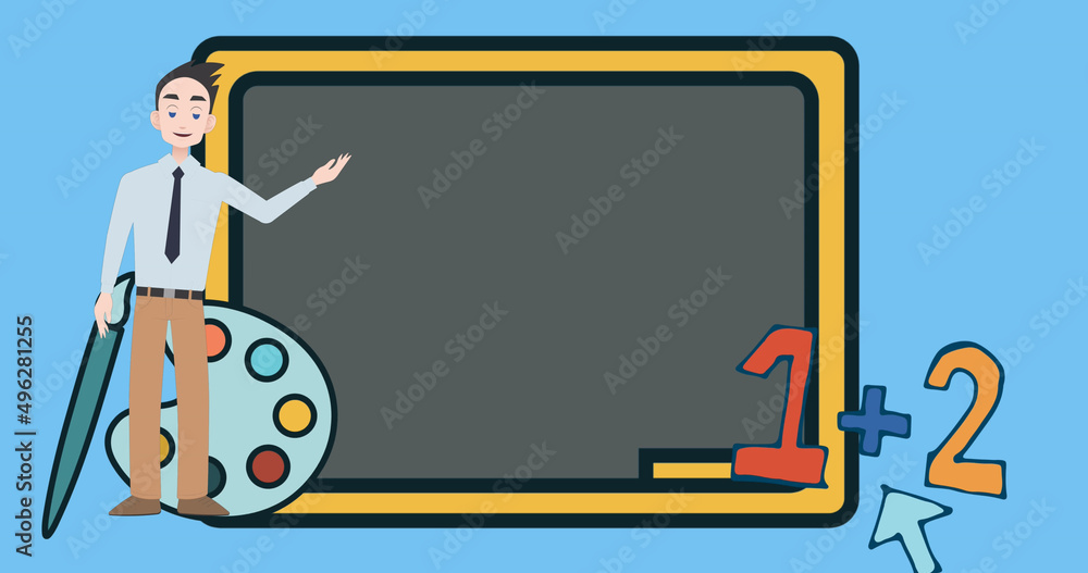 Image of man talking over school and board icons Image of man talking over school and board icons