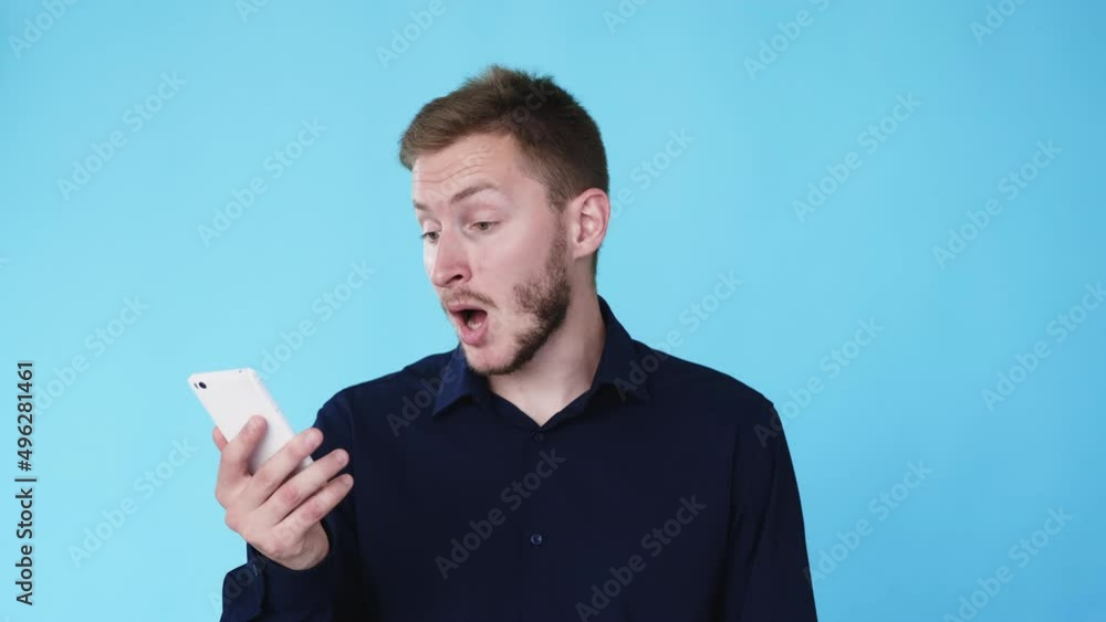 Boring call. Blah expression. Nonsense talk. Boomerang animation. Annoyed displeased man on phone conversation isolated on blue background GIF loop motion.