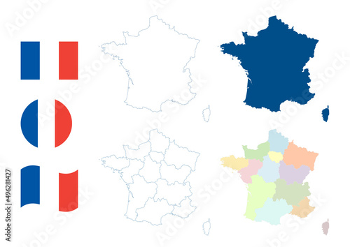 France map. Detailed blue outline and silhouette. Administrative regions located in metropolitan France (in Europe). Country flag. Set of vector maps. All isolated on white background.