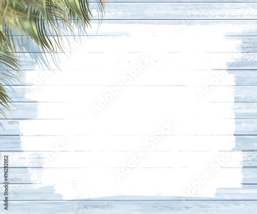 ヤシの木の葉と白くペンキを塗ったウッドデッキの夏イメージ背景素材
