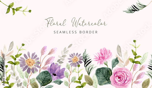 purple pink floral watercolor seamless border