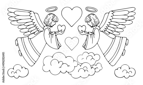 Coloring page angels give peace and love. Holy guardian angel in heaven. Hand drawn vector line art illustration. Coloring book for children and adults. Black and white sketch.