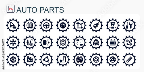 A set of vector icons and logos with car parts, batteries, transmissions, electrical equipment, engines and other special equipment. Car service. Auto parts store. Flat design.