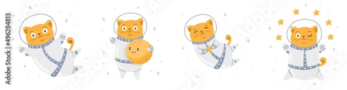 Vector set for print for children's clothing. Cute astronaut cats, moon, stars. Cat in a suit.