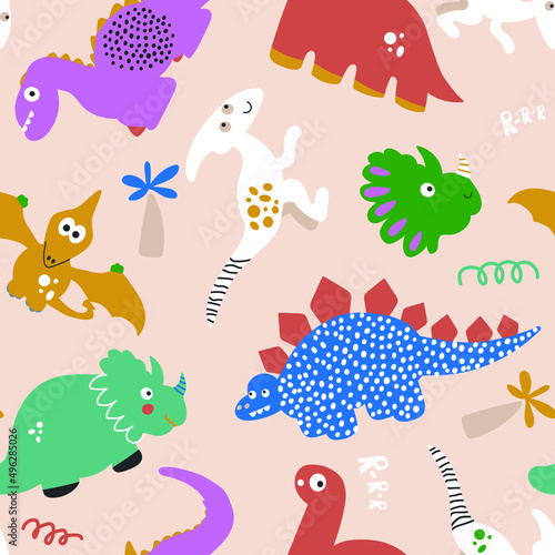 Fototapeta Naklejka Na Ścianę i Meble -  Seamless pattern with dinosaur. Baby background for textile, wrapping, fabric, wallpaper. Vector illustration