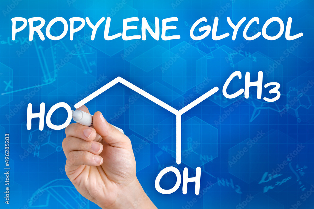 Hand with pen drawing the chemical formula of Propylene glycol Hand with pen drawing the chemical formula of Propylene glycol