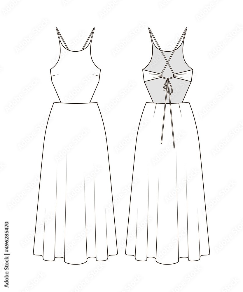 Fashion flat sketch of summer dress. Fashion technical drawing of cutout  spaghetti straps dress with open back Stock Vector | Adobe Stock