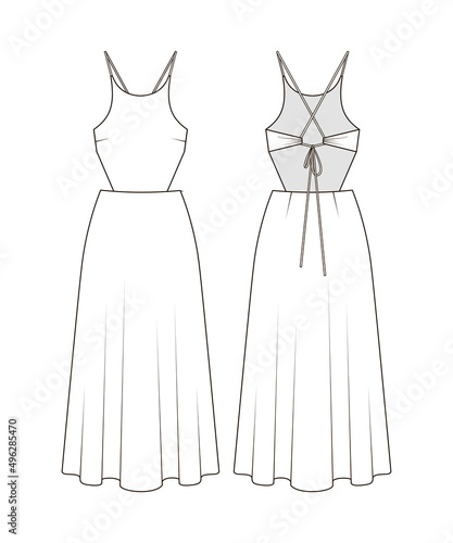 Fashion flat sketch of summer dress. Fashion technical drawing of cutout spaghetti straps dress with open back