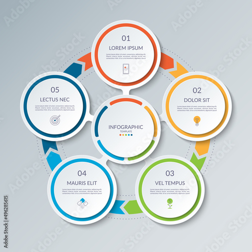 Infographic circle with 5 options, parts. 5-step vector template for business infographics. Process chart, cycle diagram for business presentation, report, brochure, web, data visualization.